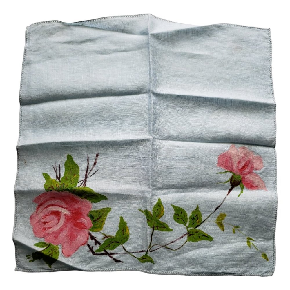 Vtg Ladies Handkerchief /Hankies Light Blue Linen with hand painted Pink Roses - Picture 2 of 7